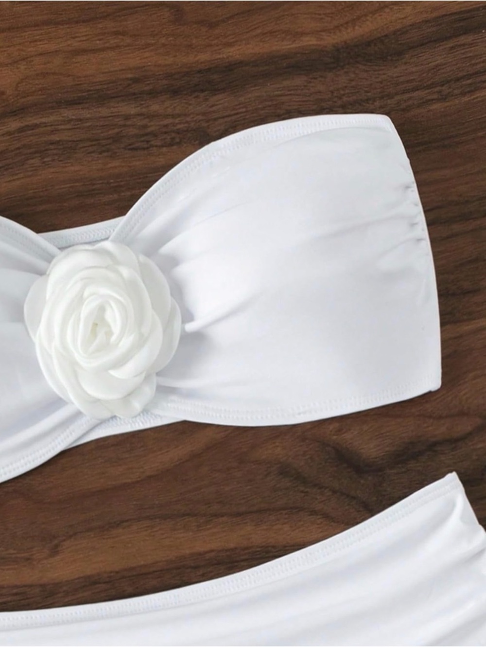 White Strapless Bandeau 3D Floral High-Waist Bikini Set Women’s Swimsuit - Picture 5 of 7